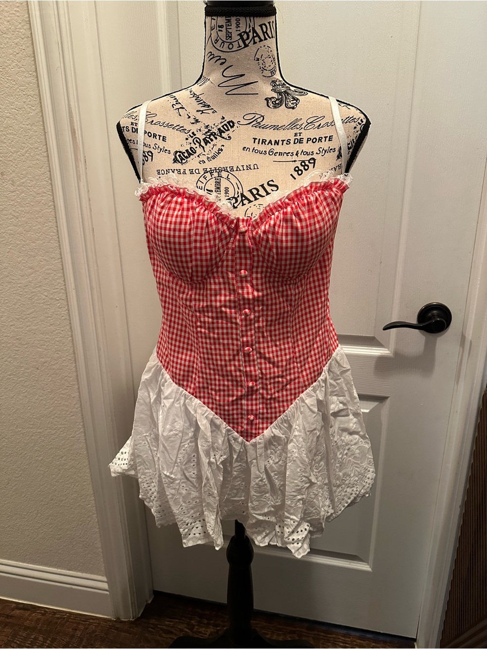 Fashion Nova Red Gingham Bustier Romper with White Eyelet Shorts